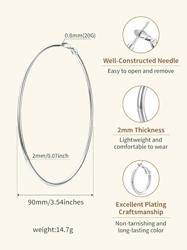 FindChic Thin Hoop Earrings for Women,Silver/Black/Gold Plated 20-100mm - color: Silver, size: 90mm