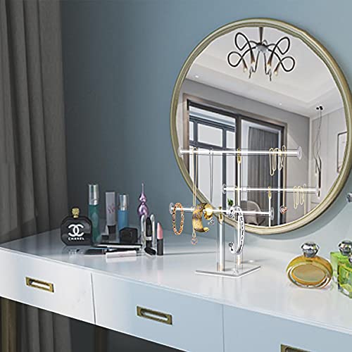 2-Tier Acrylic Jewelry Stand for Necklaces Bracelets | 2-tier acrylic stand with dual bars, tangle-free storage for necklaces, bracelets & earrings for dresser and shop