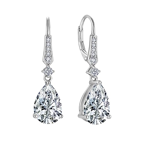 Women 925 Sterling Silver Birthstone Teardrop Leverback Drop Dangle Earrings 8 * 12mm 5A Cubic Zirconia Jewelry for Her - color: April,Zirconia
