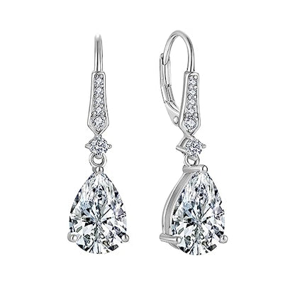 Women 925 Sterling Silver Birthstone Teardrop Leverback Drop Dangle Earrings 8 * 12mm 5A Cubic Zirconia Jewelry for Her - color: April,Zirconia