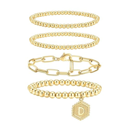 doubgood Gold Bracelets for Women, 14K Gold Plated Stackable Initial Beaded Bracelet with Letter Pendant Waterproof Stretch Trendy Stack Jewelry Set Gifts for Mom Christmas - color: D - Gold