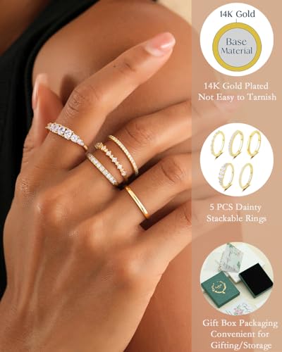 Stackable Silver/Gold Rings for Women Non Tarnish Trendy Dainty 14K Gold Plated Stacking Cubic Zirconia Thumb Ring Set Minimalist Promise Wedding Bands Engagement Rings for Women Size 6-10