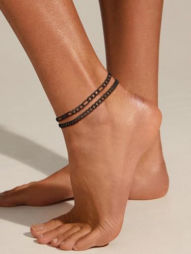 U7 2Pcs/3Pcs Ankle Bracelets for Women, Stainless Steel Cuban Link/Figaro/Rope/Heart Chain Anklets Sets,Waterproof Layered Anklets Adjustable 8.5"-10.5" - color: 01. 2Pcs Style A-Black
