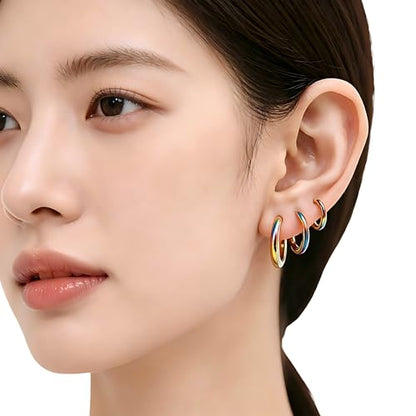 3 Pairs 316L Stainless Steel Small Black Silver Hoop Earrings 8mm 10mm 12mm Hypoallergenic Surgical Earring Cartilage Helix Lobes Hinged Sleeper Ear Jewelry For Men Women - color: colorful