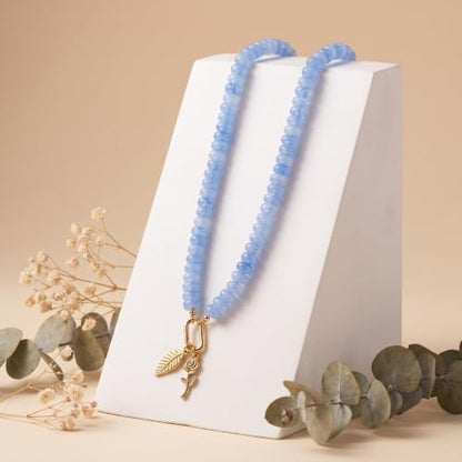 BELLA-Bee Natural Stone Beaded Choker, Multi Color Boho Jewelry Gift | Small bead natural stone choker with stainless steel ring clasp — multicolor stone, handmade healing jewelry for vacation - color: Blue-Rectangle Spring Clasp