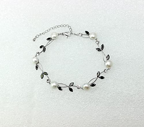 Faship Genuine Freshwater Pearls Floral Necklace Earrings Set | Premium CZ Crystal, Gorgeous, Sparkling - color: Black / Matching Bracelet
