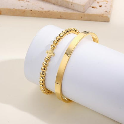 Gold Bangle Bracelets for Women Non Tarnish, 18k Gold Bracelet Stack Layered Chunky Cuff Bracelet Knot Cross Bowknot Bracelets Trendy Jewelry Set for Women Gifts - color: S05