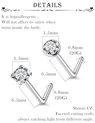 18G 20G 22G Stainless Surgical Steel Titanium Nose Rings Studs for Women L Shaped Nose Studs Screw Nose Rings Nostrial Piercing Jewelry for Women Men Silver Gold Black - style: 20G/1.5mm CZ/L-shaped/Titanium