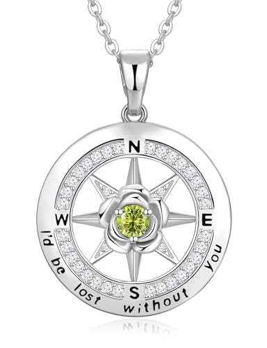 Meeshi Silver Compass Necklace for Women Birthday Gifts for Wife Anniversary Necklace for Women Rose Flower Birthstone Necklaces for Wife Jewelry for Womens Girlfriend Mom Daughter - style: 08-August-Peridot