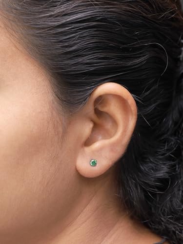 Birthstone Stud Earrings for Women 4MM Round Simulated Gemstone Studs | Push Back Earrings In 14K Gold Over Sterling Silver - color: March - Aquamarine