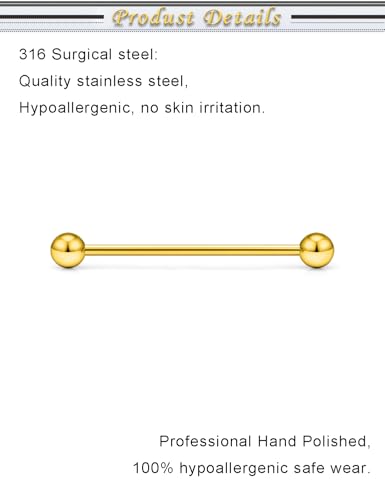 16G 14G Surgical Steel Tongue Rings Nipple Rings Industrial Piercing Jewelry Set Multi Size Straight Barbells 12mm 14mm 16mm 19mm 22mm 28mm 32mm 35mm 38mm 40mm 45mm for Women Men - color: goldtone, size: 14g,bar length 32mm