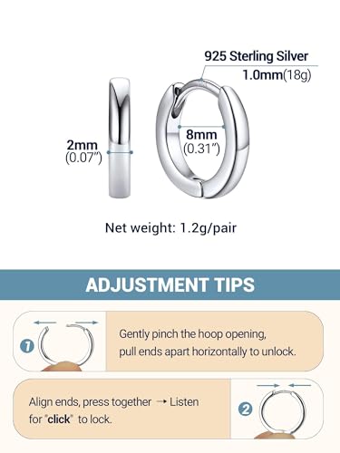 PROSTEEL Huggie Hoop Earrings For Women with 925 Sterling Silver Post | 8/10/12/14/16/18/20mm,14K Gold Plated/Black/Rose Gold/Silver Brass Lightweight Cubic Zirconia Cartilage Piercing Earring - color: 1. Silver, size: 8mm