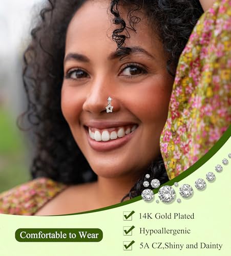WAINIS 30Pcs 20G Dangle Nose Ring for Women 14K Golden Silver Plated | L Shaped Dangling Nose Stud,Surgical Steel Nose Ring Studs,Dainty Flower Heart Moon Star Dangle Rings Hoops Nose Piercing - color: silver1