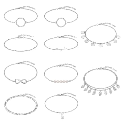 12pcs Gold/Silver Ankle Bracelets for Women Layered Waterproof 14k Cuban Link Chain Anklets Set Adjustable Dainty Summer Beach Gold Accessories Boho Bracelet Jewelry - style: 10PCS Style E