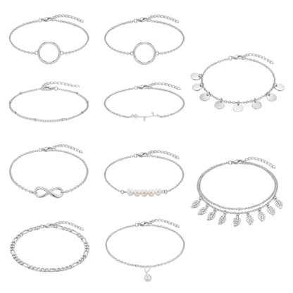 12pcs Gold/Silver Ankle Bracelets for Women Layered Waterproof 14k Cuban Link Chain Anklets Set Adjustable Dainty Summer Beach Gold Accessories Boho Bracelet Jewelry - style: 10PCS Style E