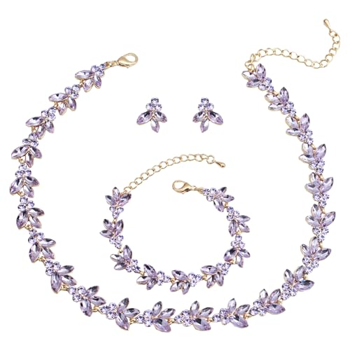 Bridal Wedding Crystal Leaf Choker Necklace Dangle Earring Bracelet Brides Bridesmaid Jewelry Set for Women - color: Violet-Gold Plated