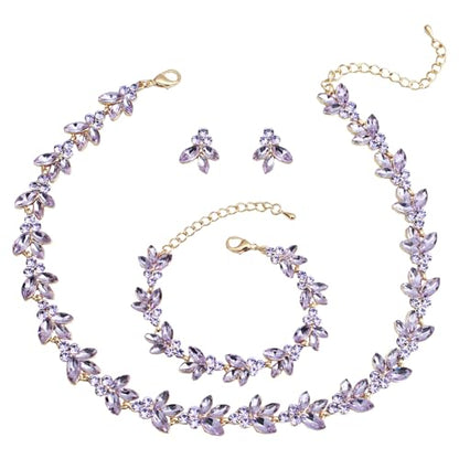 Bridal Wedding Crystal Leaf Choker Necklace Dangle Earring Bracelet Brides Bridesmaid Jewelry Set for Women - color: Violet-Gold Plated