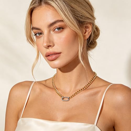 Chunky Gold Necklace Cuban Link Chain Choker for Women Men Gold & Silver Plated Trendy Unisex Statement Necklace Mixed Metal Two Tone Necklace Hip-Hop Punk Unisex Jewelry