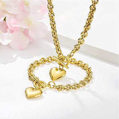 Heart Chain Necklace + Heart Bracelet for Women Girls Hearts Pendant Toggle Charm Jewelry Set Stainless Steel 18K Gold/Rose Gold Silver - color: Gold