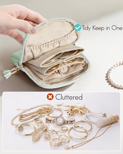 VLANDO Small Travel Jewelry Case,Velvet Pouch Bags with Zipper,Mint Green | Travel Essentials,PU Leather Organizer with 5 Divided Sections,Carry-On Totes,Gift for Birthday,Bride,Bridesmaid,Women,Girls - color: B.Mint Green