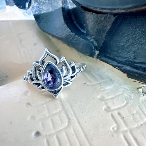 Lotus Ring for Women - Zircon Inlaid Flower Promise Ring - My Trauma Inspirational Statement Floral Jewelry Gift - color: purple