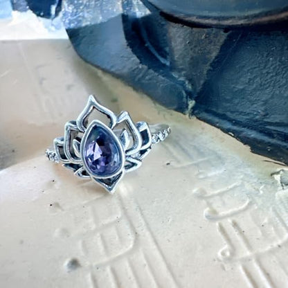 Lotus Ring for Women - Zircon Inlaid Flower Promise Ring - My Trauma Inspirational Statement Floral Jewelry Gift - color: purple