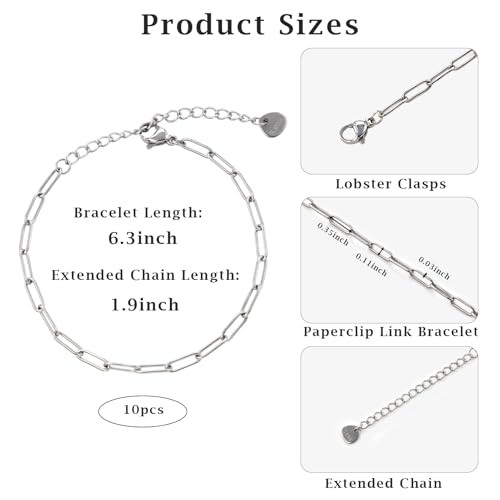 KYUNHOO 10pcs Paperclip Bracelets Chains Set with Adjustable Extender Chain | 6.3 Inches Paperclip Chain for Jewelry Making 304 Stainless Steel Bracelet Kit with Lobster Clasps Jewelry Findings - color: 3x9 paperclip silver