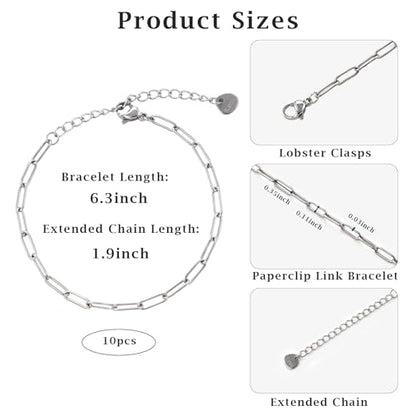 KYUNHOO 10pcs Paperclip Bracelets Chains Set with Adjustable Extender Chain | 6.3 Inches Paperclip Chain for Jewelry Making 304 Stainless Steel Bracelet Kit with Lobster Clasps Jewelry Findings - color: 3x9 paperclip silver