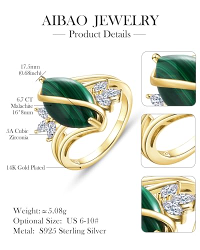 AIBAO Marquise Turquoise/Malachite Engagement Wedding Rings for Women | Sterling Silver Turquoise/ Malachite Statement Rings for Women Size 6 to 10 Western Jewelry - style: Malachite