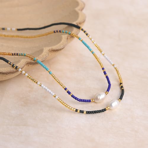 Boho Pearl Beaded Choker Necklaces for Women, Dainty Handmade Colorful Seed Beads Adjustable Long Necklace Summer Beach Surfer Bohemian Jewelry Gift