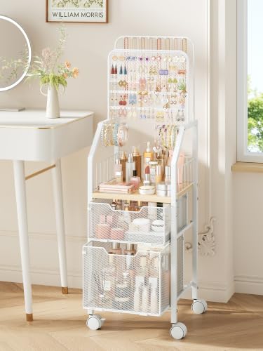 SWTYMIKI Jewelry Organizer with Drawers- Metal Jewelry Holder Stand Large Necklace Holder and Earring Organizer Display, Rolling Jewelry Storage Makeup Organizer for Bedroom Vanity Closet - color: White