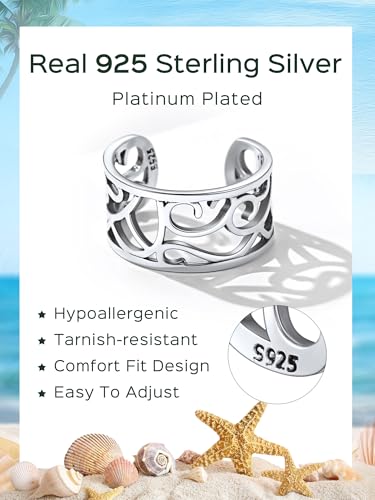 ChicSilver Toe Rings for Women 925 Sterling Silver Adjustable Toe Ring | 925 sterling silver, hypoallergenic for sensitive skin, adjustable open band, summer beach wear gift - color: J: Filigree (1 pc)