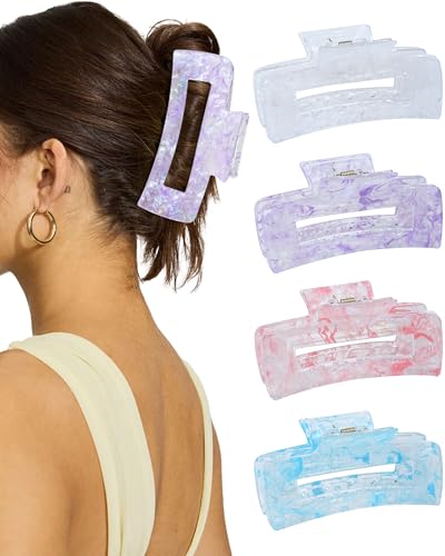 4PCS Large Claw Clips for Thick Hair, Large Acrylic Hair Clips | Modern Marble Geometric Design, Non-Slip Secure Hold for Long Hair, Buns, Updos and Everyday Styling - color: White + Purple + Red + Blue