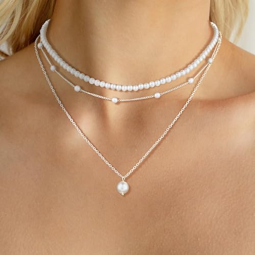 DIBOLA Gold Jewelry Set for Women, Dainty Layered 14K Gold/Silver Pearl Choker Necklaces and Earring Set Pearl Earrings Bracelets Wedding Bride Jewelry - color: 3 layered-silver