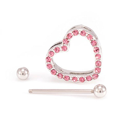 14G Stainless Steel CZ Paved Heart Nipple Rings Nipple Piercing Jewelry for Women 7/8 Inch 22mm - color: Silver - Pink CZ