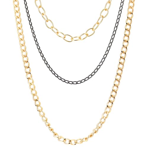 COOLSTEELANDBEYOND Statement Necklace Waterfall Multi-Strand Curb Link Rolo Chains, Punk Rock Cool, Light Weight - color: B-Color: 18K Gold-Plated & Black