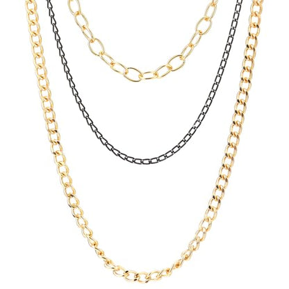 COOLSTEELANDBEYOND Statement Necklace Waterfall Multi-Strand Curb Link Rolo Chains, Punk Rock Cool, Light Weight - color: B-Color: 18K Gold-Plated & Black