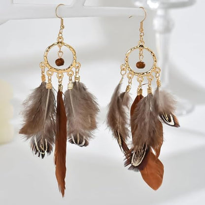 Feather Earrings for Women Boho Jewelry Peacock Feather Long Brown Light weight Western Earrings - color: A1:brown feather earrings