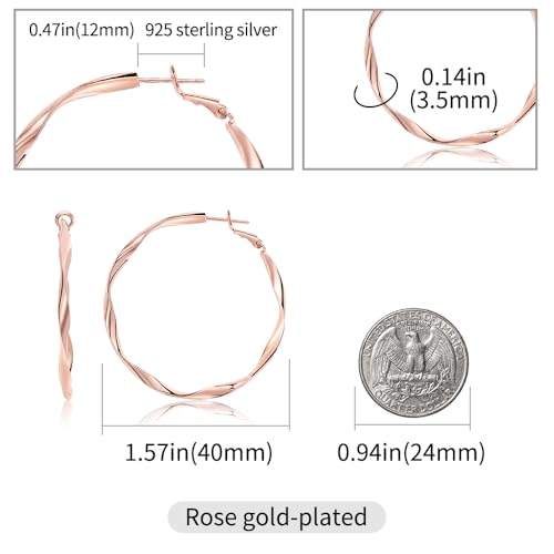 Rose/White/18k Gold Plated Hoop Earrings Lightweight Hoop Earrings For Women Loop Earrings 1in 2in - color: Rose Gold, size: 40mm
