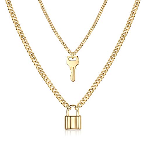Turandoss Dainty Layered Choker Necklace, Handmade Y Pendant Necklace Multilayer Bar Disc Necklace Adjustable Layering Choker Necklaces for Women - style: 2PCS - Key&Lock