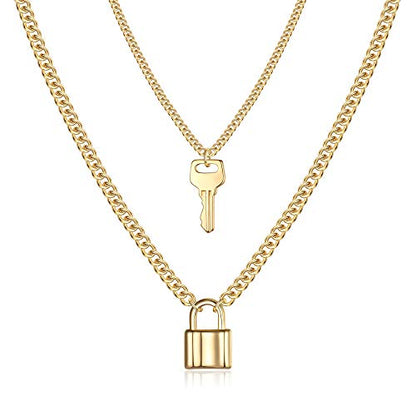 Turandoss Dainty Layered Choker Necklace, Handmade Y Pendant Necklace Multilayer Bar Disc Necklace Adjustable Layering Choker Necklaces for Women - style: 2PCS - Key&Lock