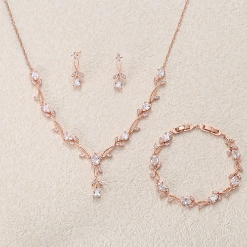 EVER FAITH Cubic Zirconia Pearl Leaf Bridal Jewelry Set for Bride Women | White Wedding Prom Necklace Dangle Earrings Bracelet, for Bridesmaid - color: CZ_Clear Rose Gold-Plated-Brass