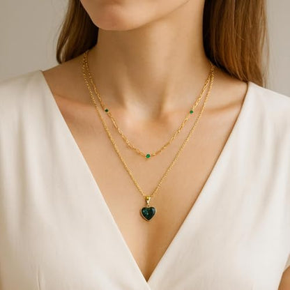 Birthstone Layered Pendant Paperclip Necklace 18k Gold Plated Heart Choker Chain Necklace Emerald Cut Jewelry Birthday Gift for Women - color: Heart Emerald