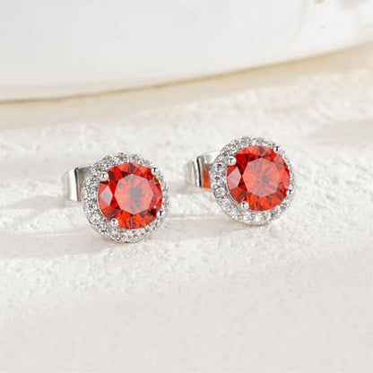 YOMELA Round Cubic Zirconia Stud Earrings for Women | Everyday Dainty, Diamond-Like Brilliance, CZ Halo Birthstone Studs, Hypoallergenic & Lightweight, Elegant & Versatile - color: Orange Red