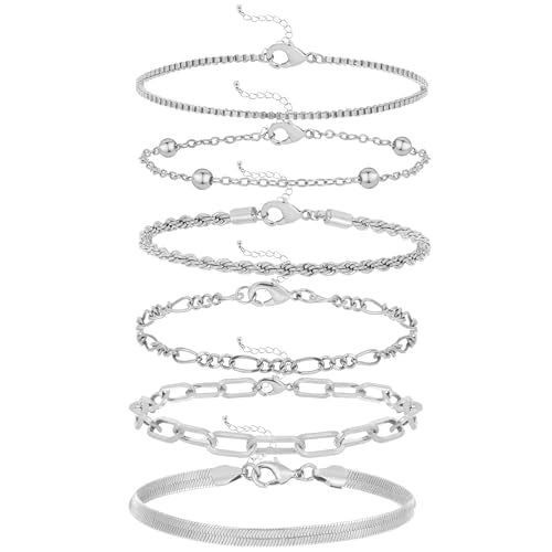 Wgoud Waterproof Gold Bracelets for Women Trendy, Dainty 14K Real Gold Plated Fashion Stackable Bracelet Sets for Women Thin Cuban Link Paperclip Chain Bracelets Layered Gold Jewelry Sets Gifts for Womens - color: 6Pcs Silver Bracelet