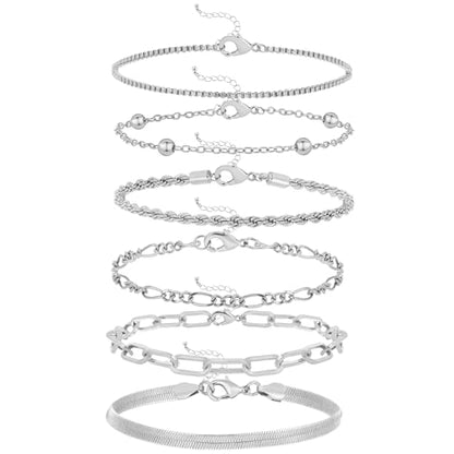 Wgoud Waterproof Gold Bracelets for Women Trendy, Dainty 14K Real Gold Plated Fashion Stackable Bracelet Sets for Women Thin Cuban Link Paperclip Chain Bracelets Layered Gold Jewelry Sets Gifts for Womens - color: 6Pcs Silver Bracelet