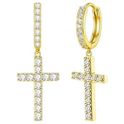 NEWITIN CZ Cross Earrings for Men Women 14K Gold Plated Huggie Hoop Earring | Hypoallergenic, 5A+ Cubic Zirconia, Cartilage Earring, Sensitive Ears, Silver Gold, Men Hoops Dangling, Cross Diamond Earring - color: Gold B