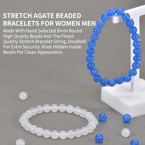 2PCS Agate Bracelet for Women Men Natural Round Beaded Agates Stone Healing Stretch Bracelets Elastic Handmade Polished Gemstone Beads Bracelet - color: White+Blue, size: 8mm Beads