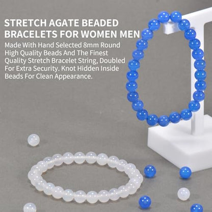 2PCS Agate Bracelet for Women Men Natural Round Beaded Agates Stone Healing Stretch Bracelets Elastic Handmade Polished Gemstone Beads Bracelet - color: White+Blue, size: 8mm Beads