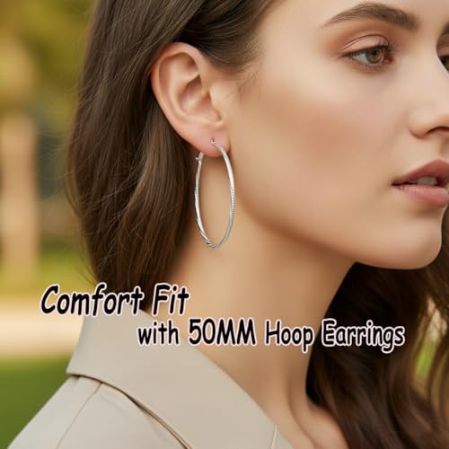 14K Gold/Silver Plated Twisted Hoop Earrings for Women - Sparkly Diamond-Cut Large Hoops with 925 Sterling Silver Post, Lightweight Hypoallergenic Trendy Jewelry Gifts (30mm / 40mm) - size: Silver 50mm